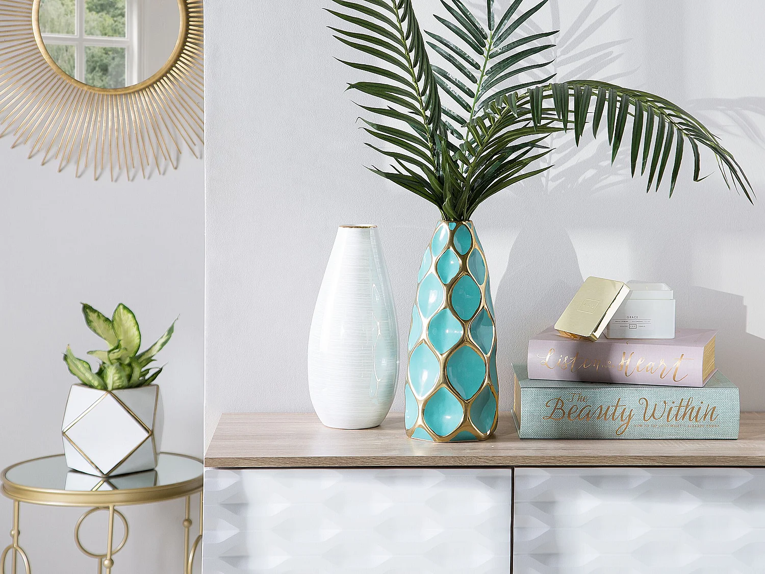 Blumenvase Keramik türkis / gold 36 cm AVILA