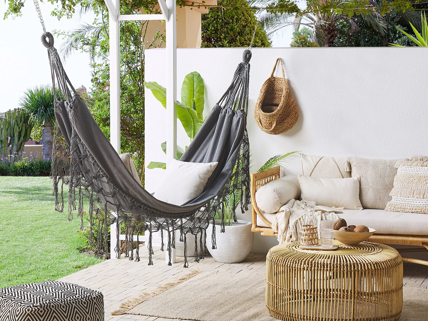 Romantische Hängematte grau Baumwolle und Polyester mit Fransen handgewebt Rocca