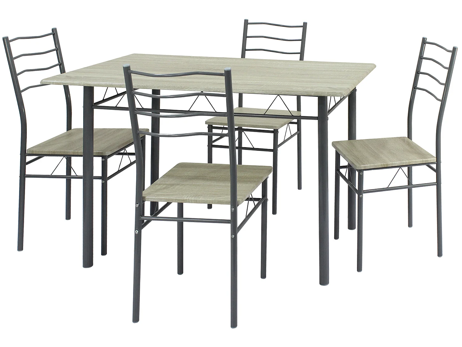 Tafel en 4 eetkamerstoelen Set Lima Eiken/Grijs, Tafel 110 x 70 x 76 cm, Metalen frame