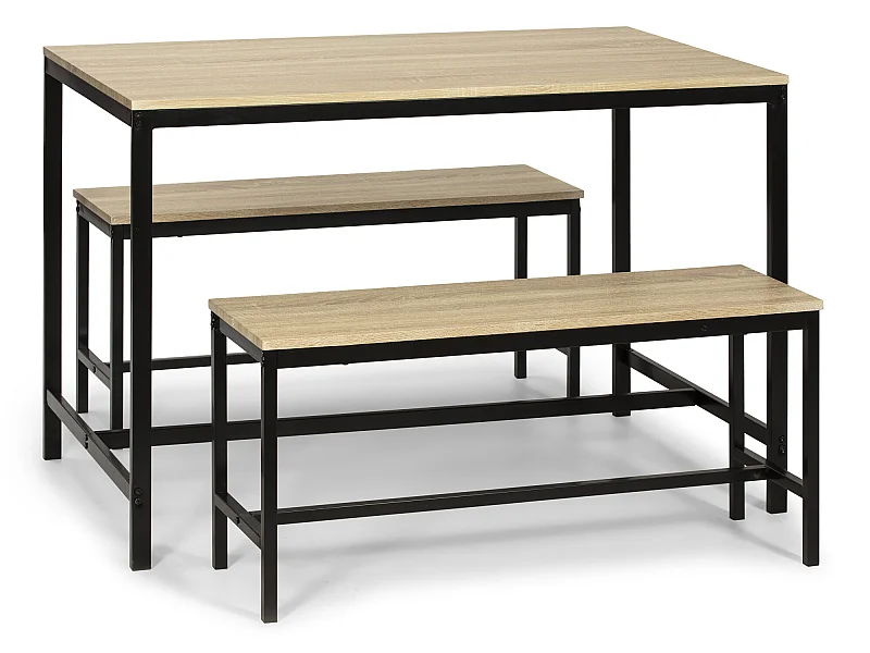 Set Tavolo e 2 Panche Lisbon per Sala da Pranzo o Cucina, Tavolo 110 cm x 70 cm x 75 cm, Struttura in Metallo