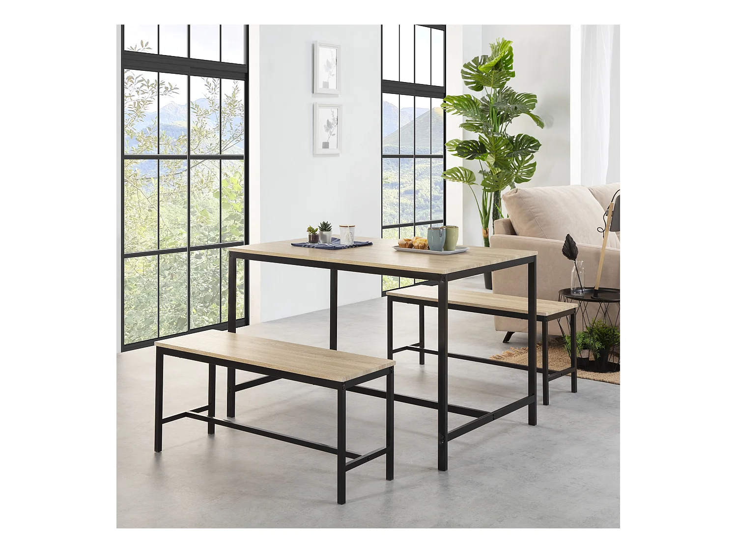 Ensemble Table et 2 bancs Lisboa pour Salle à Manger et Cuisine, Structure métallique