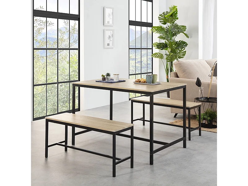Conjunto Mesa y 2 Bancos Lisboa, Comedor o Cocina, Mesa 110 x 70 x 75 cm, Estructura metálica