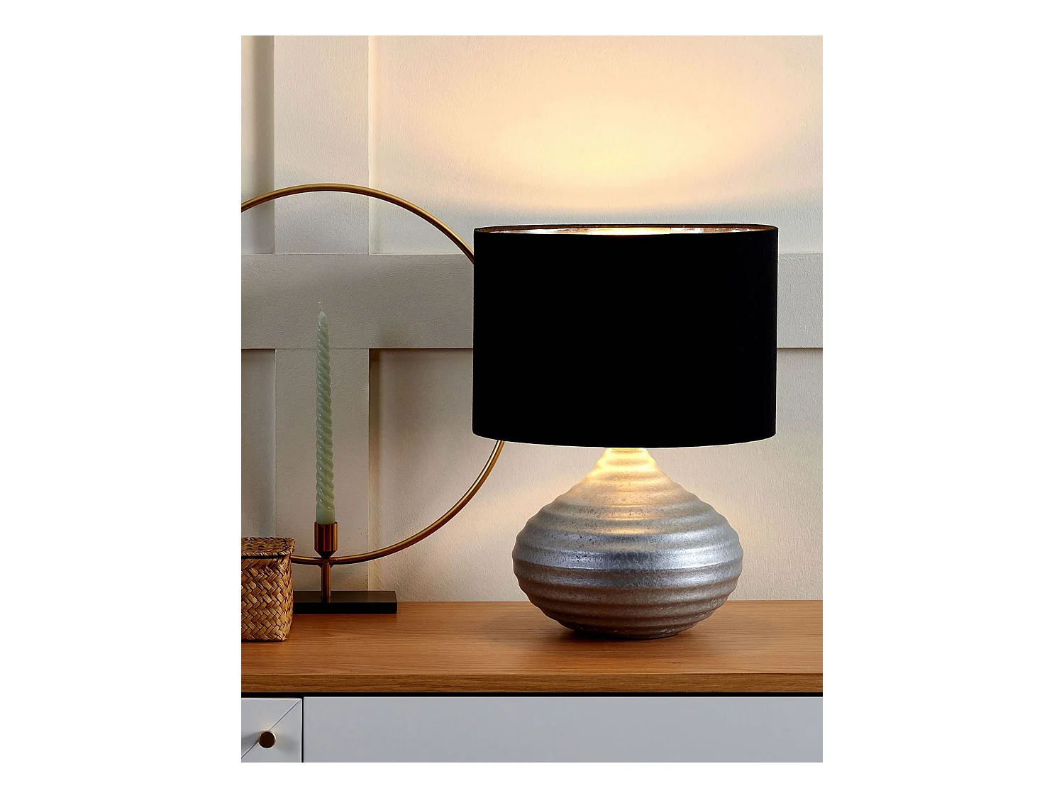 Klassische Tischlampe Keramik/Poly-Baumwolle silber/schwarz Kuban