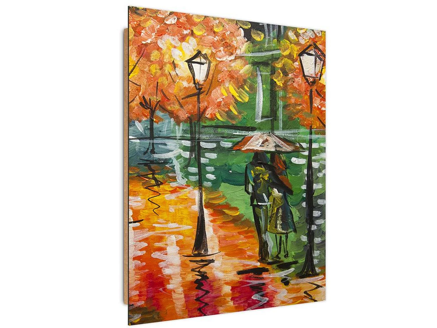 Tableau bois marche sous la pluie à travers le parc - 20 x 30 cm
