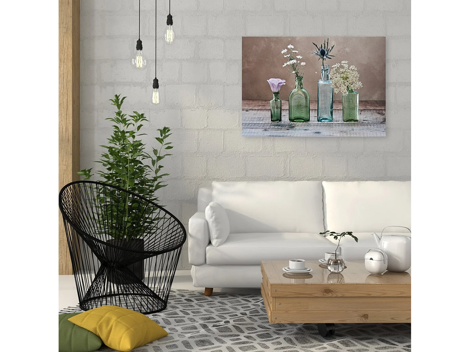Tableau fleurs de bois dans des vases en verre - 120 x 80 cm