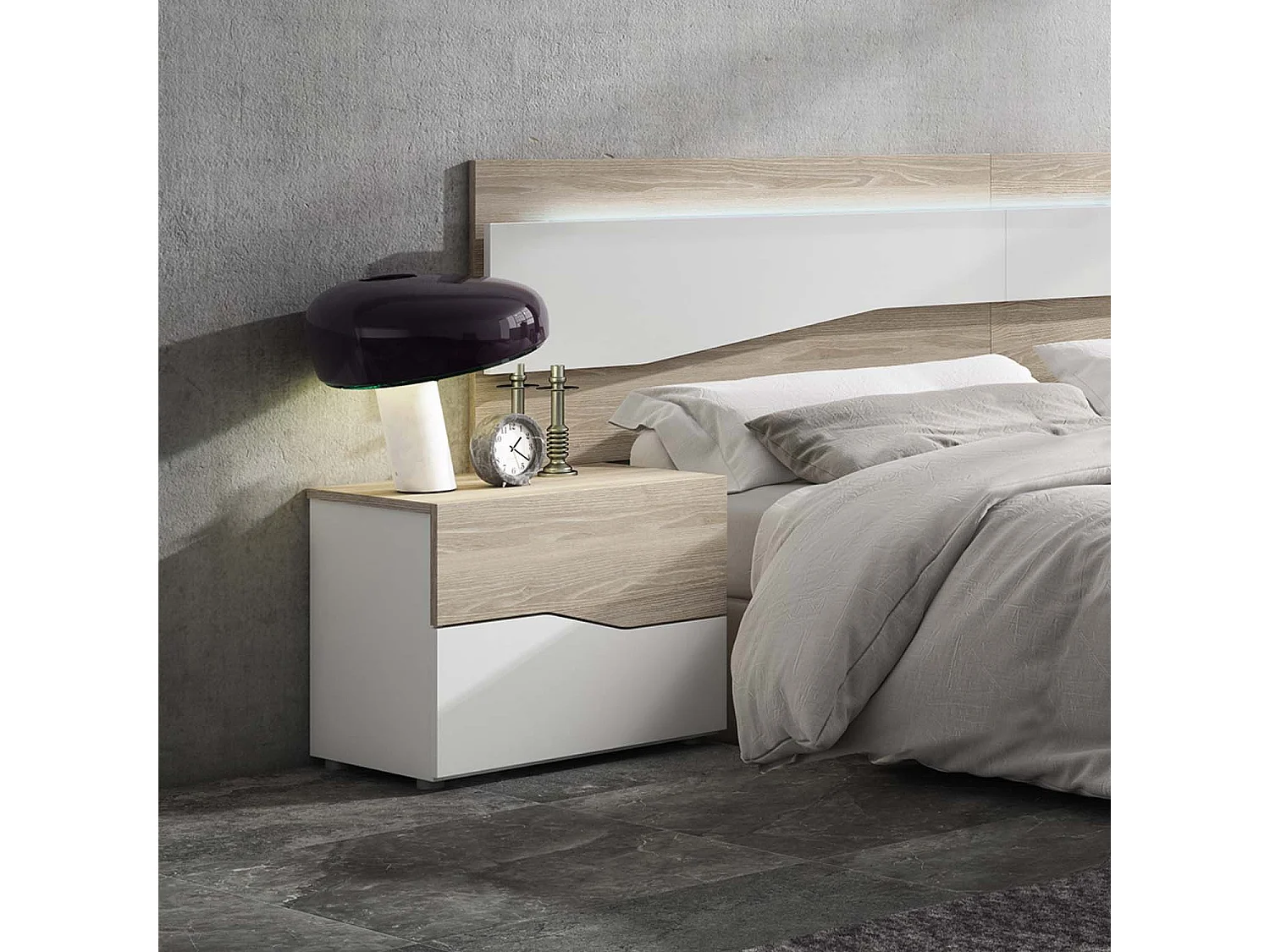 Table de Chevet York 2 tiroirs en Couleur Blanc et Bois, Guides métalliques