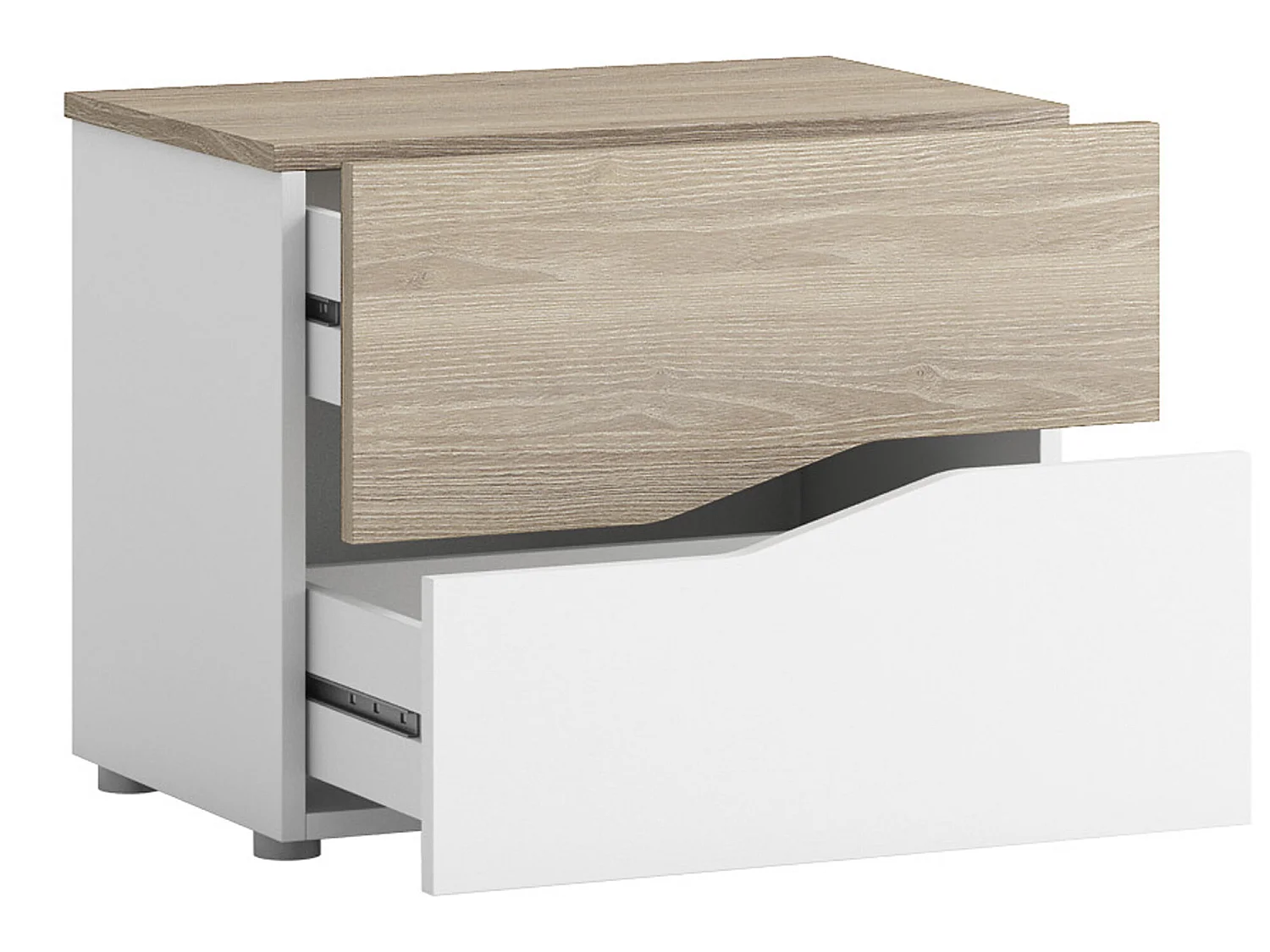 Table de Chevet York 2 tiroirs en Couleur Blanc et Bois, Guides métalliques