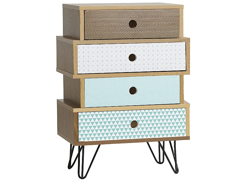 Mesa de cabeceira Buda 4 gavetas Multicolor, cor de carvalho, pernas de metal em preto.