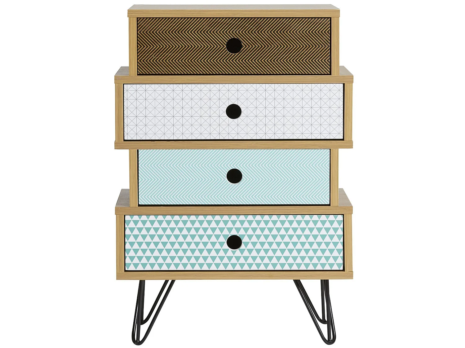 Mesa de cabeceira Buda 4 gavetas Multicolor, cor de carvalho, pernas de metal em preto.