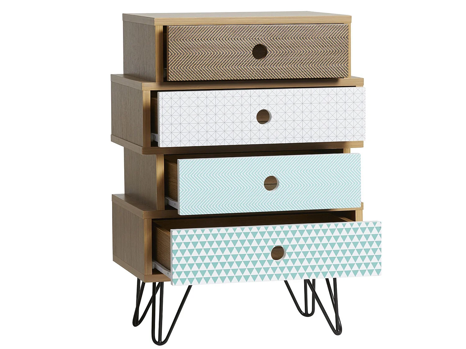 Nachtkastje Boeddha 4 laden Multicolor, Eiken kleur, Metalen poten in Zwart