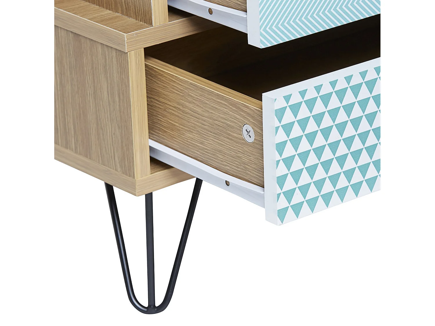 Nachtkastje Boeddha 4 laden Multicolor, Eiken kleur, Metalen poten in Zwart