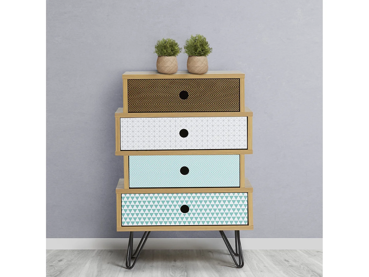 Nachtkastje Boeddha 4 laden Multicolor, Eiken kleur, Metalen poten in Zwart