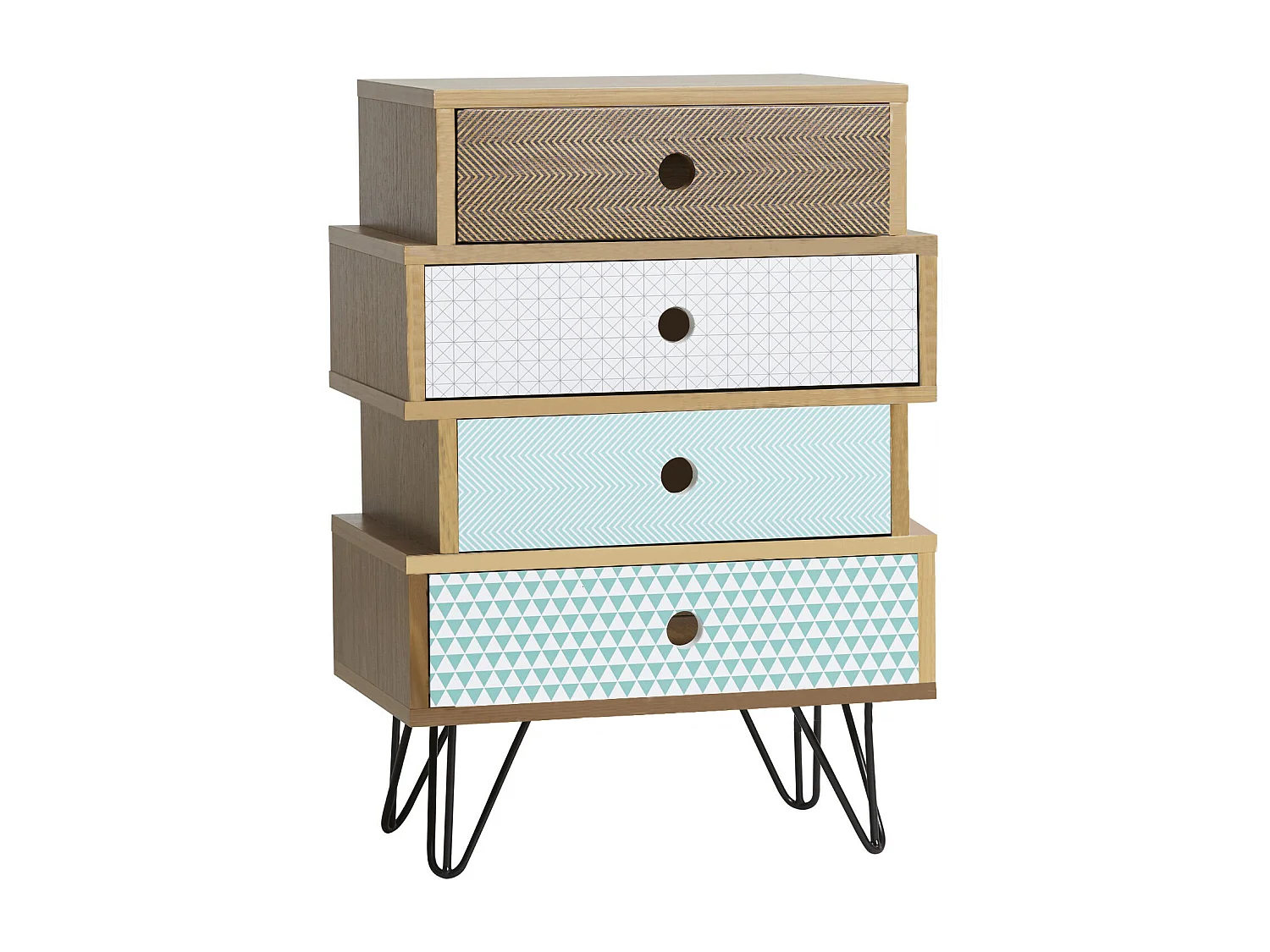 Table Chevet Buda 4 Tiroirs, Couleur chêne, Jambes en métal en Noir