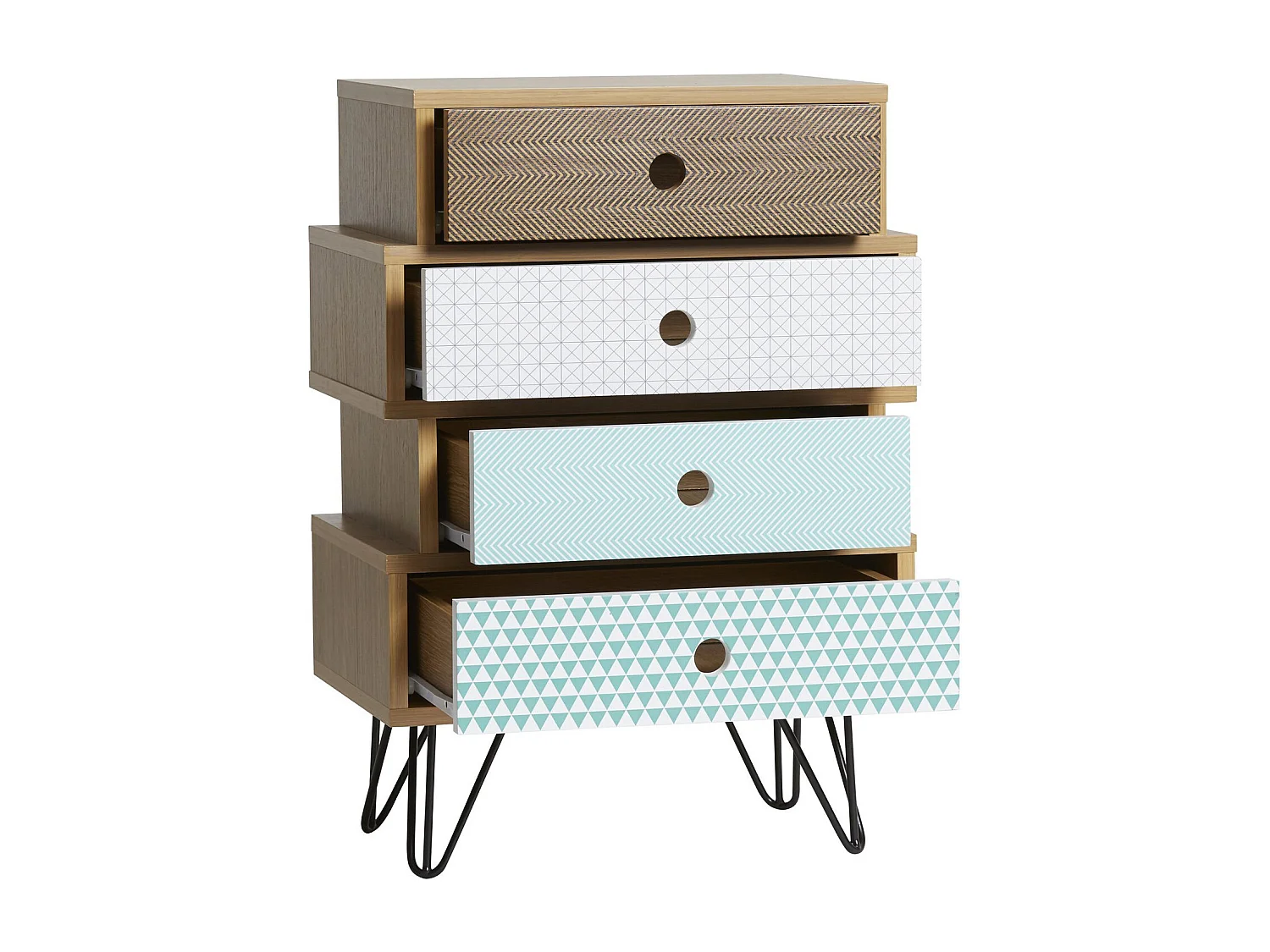 Table Chevet Buda 4 Tiroirs, Couleur chêne, Jambes en métal en Noir