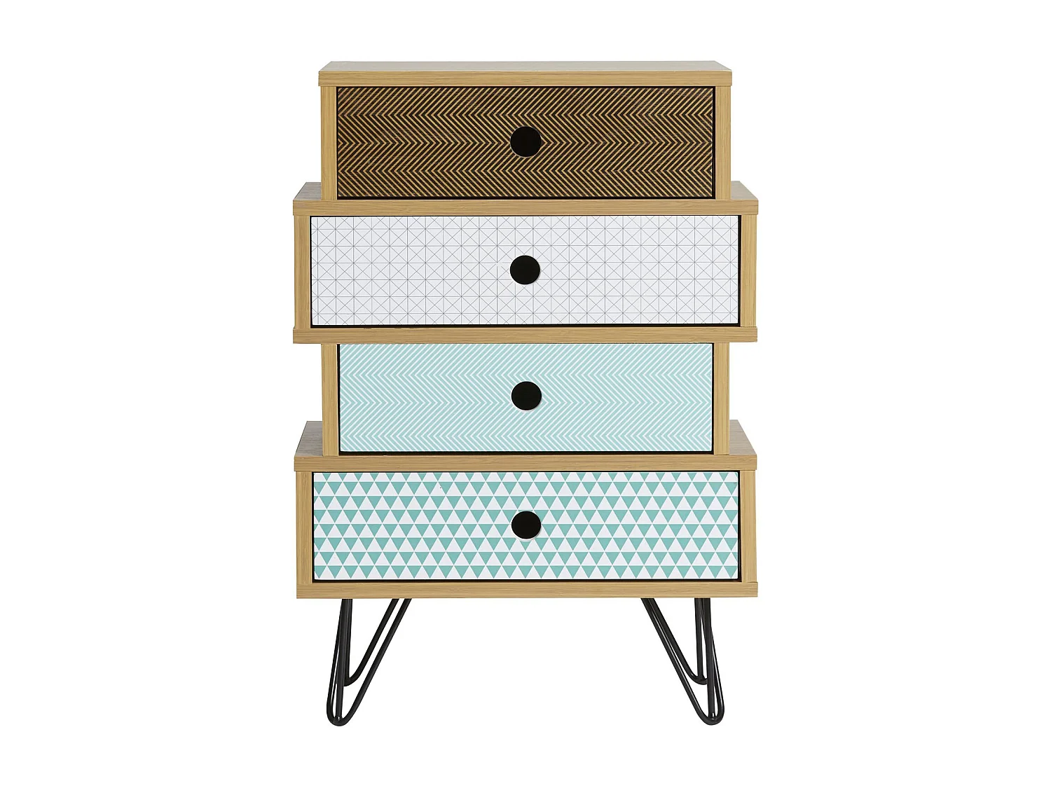 Table Chevet Buda 4 Tiroirs, Couleur chêne, Jambes en métal en Noir