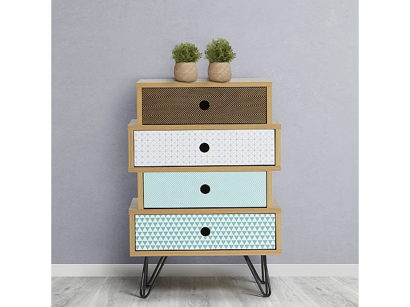 Mesita de Noche Buda 4 Cajones Multicolor, Color Roble, Patas de Metal en Negro