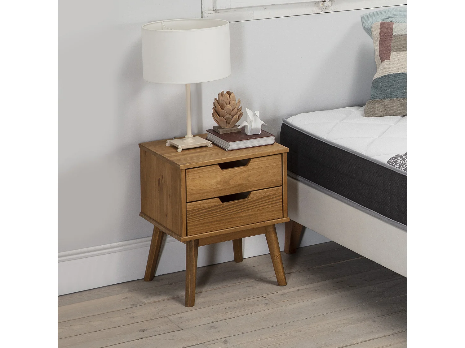 Table de Chevet Bali 2 tiroir, Fabriqué en Bois de pin Massif