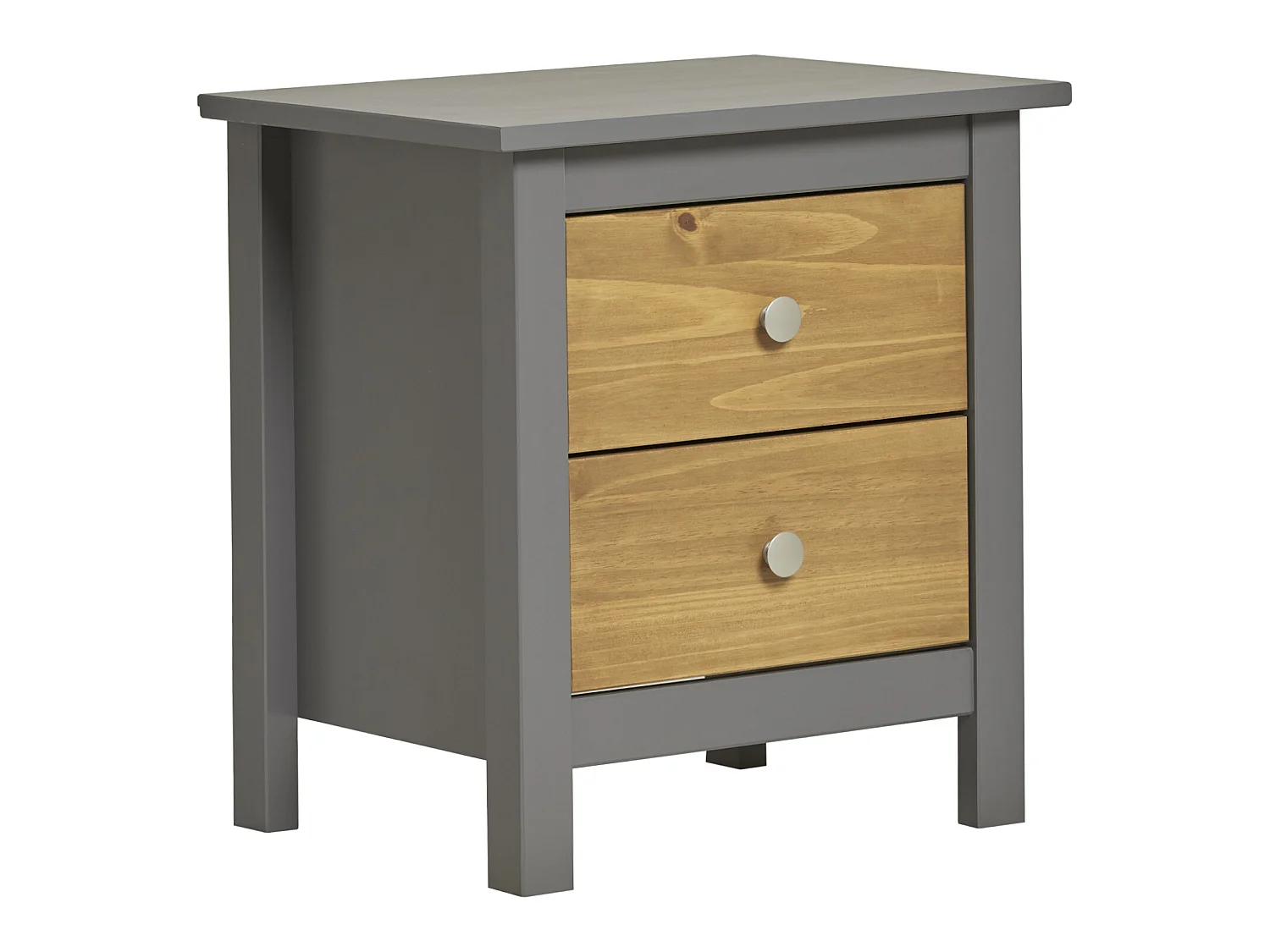 Table Chevet Bonnie Gris 2 Tiroirs, Fabriqué en Bois de pin Massif