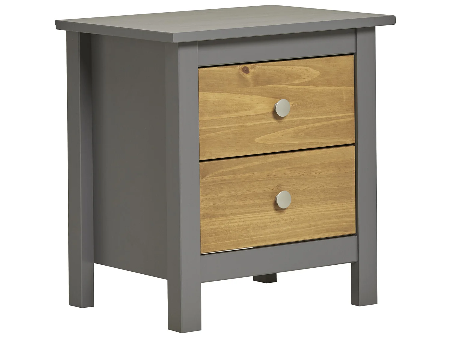 Table Chevet Bonnie Gris 2 Tiroirs, Fabriqué en Bois de pin Massif