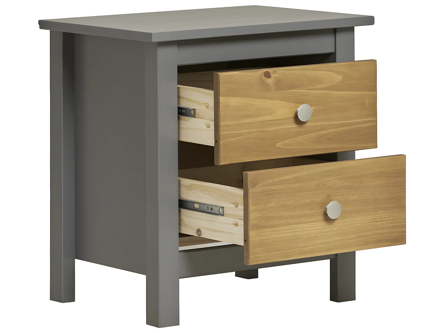 Table Chevet Bonnie Gris 2 Tiroirs, Fabriqué en Bois de pin Massif