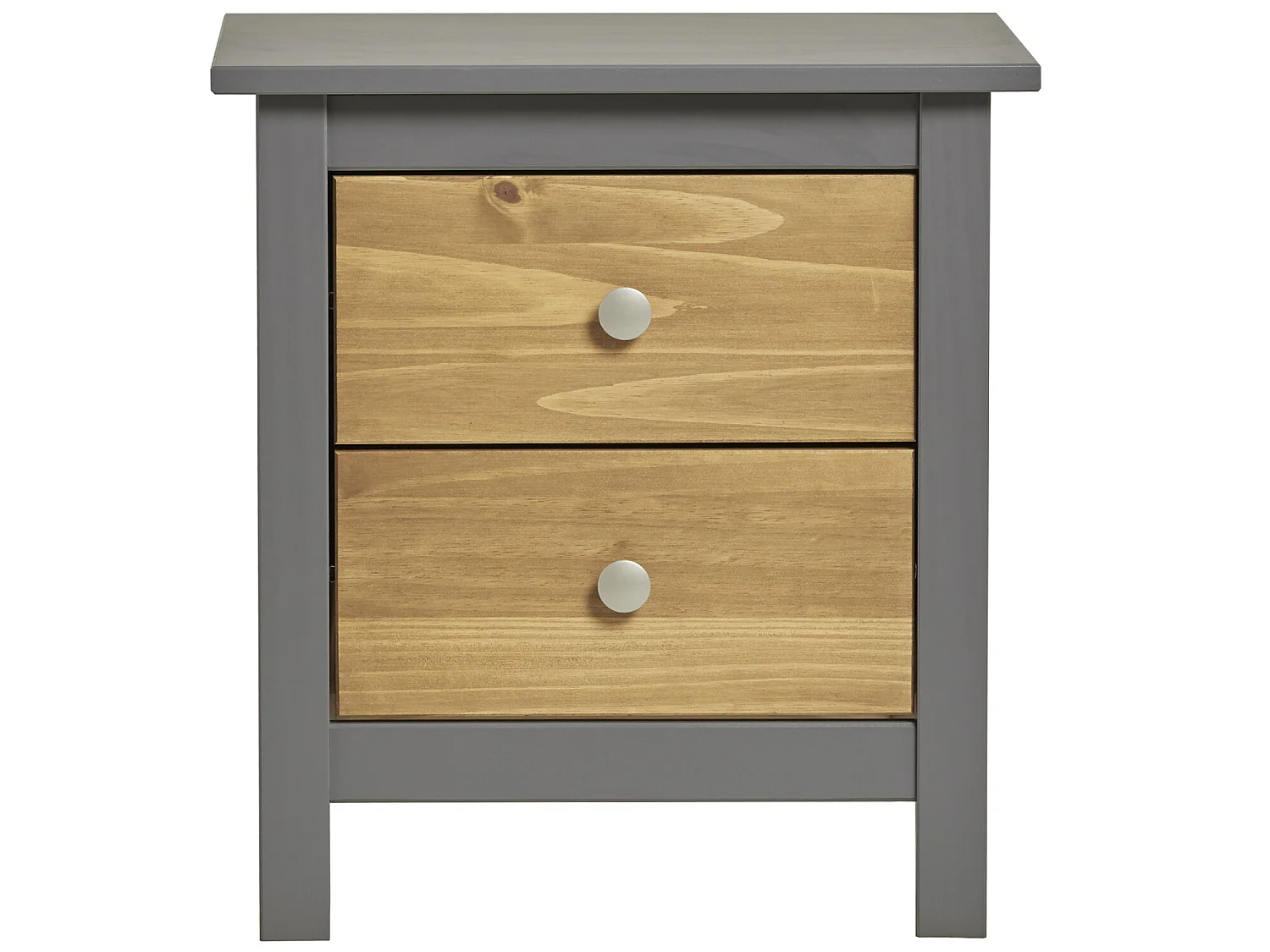 Table Chevet Bonnie Gris 2 Tiroirs, Fabriqué en Bois de pin Massif