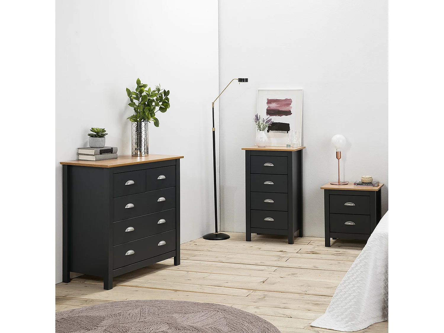 Comodino Jade Antracite con 2 cassetti, Realizzato in Pino Massiccio