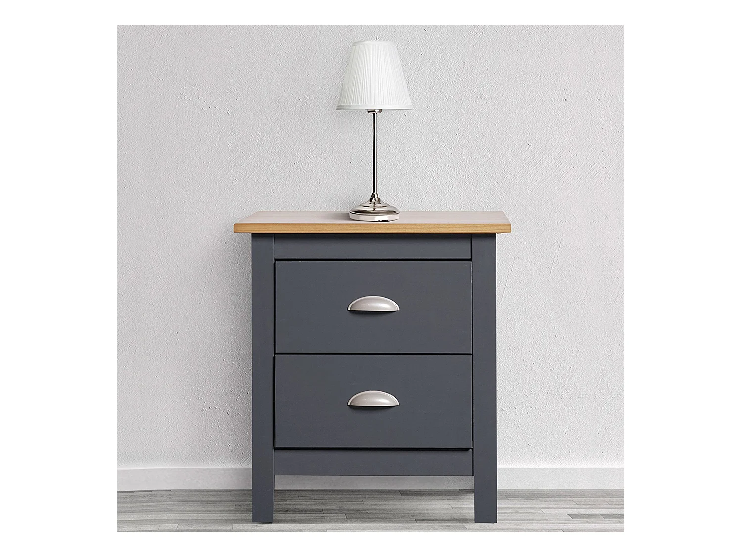 Table Chevet 2 tiroirs Jade Gris/Chêne, Fabriqué en Bois de pin Massif