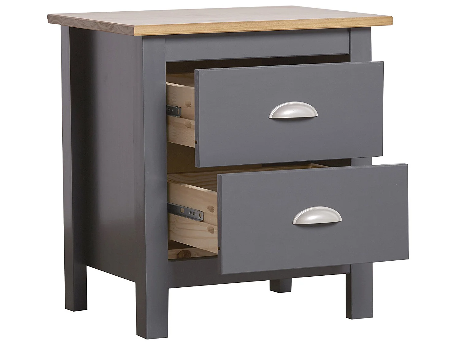 Table Chevet 2 tiroirs Jade Gris/Chêne, Fabriqué en Bois de pin Massif