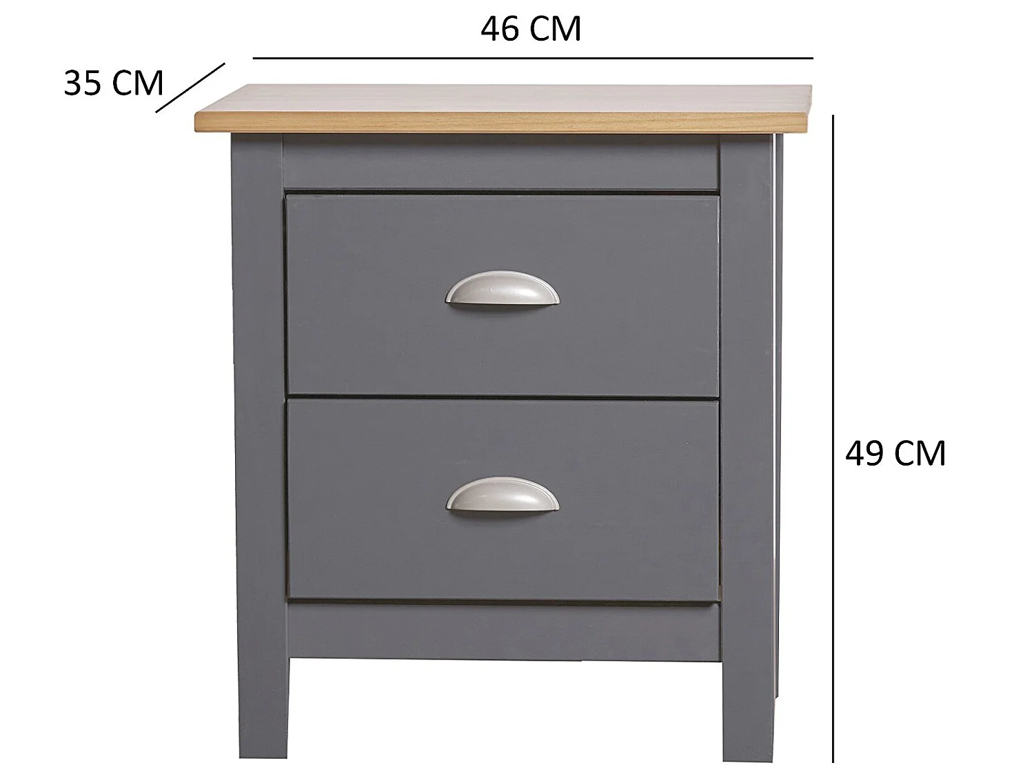 Table Chevet 2 tiroirs Jade Gris/Chêne, Fabriqué en Bois de pin Massif