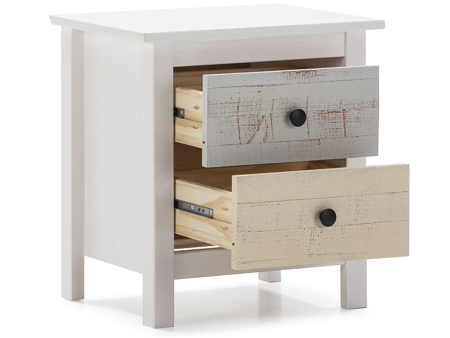 Mesita de Noche Magda de 2 cajones en Blanco y cajones Multicolor