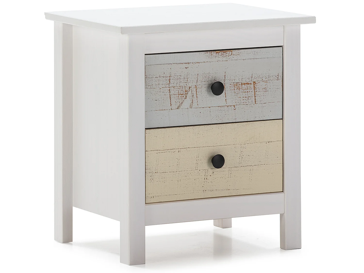 Nachtkastje Magda met 2 laden in het wit en lades in verschillende kleuren.