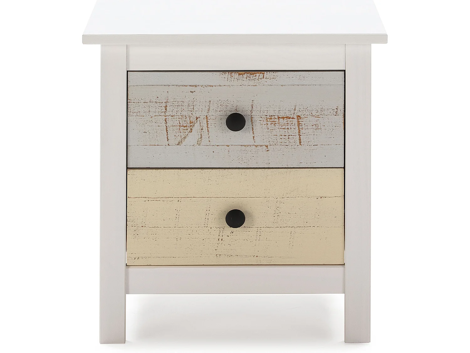 Nachtkastje Magda met 2 laden in het wit en lades in verschillende kleuren.