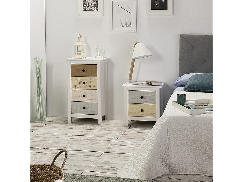 Comodino Magda Bianco con 2 cassetti di Diversi Colorei, Realizzato in Pino Massiccio