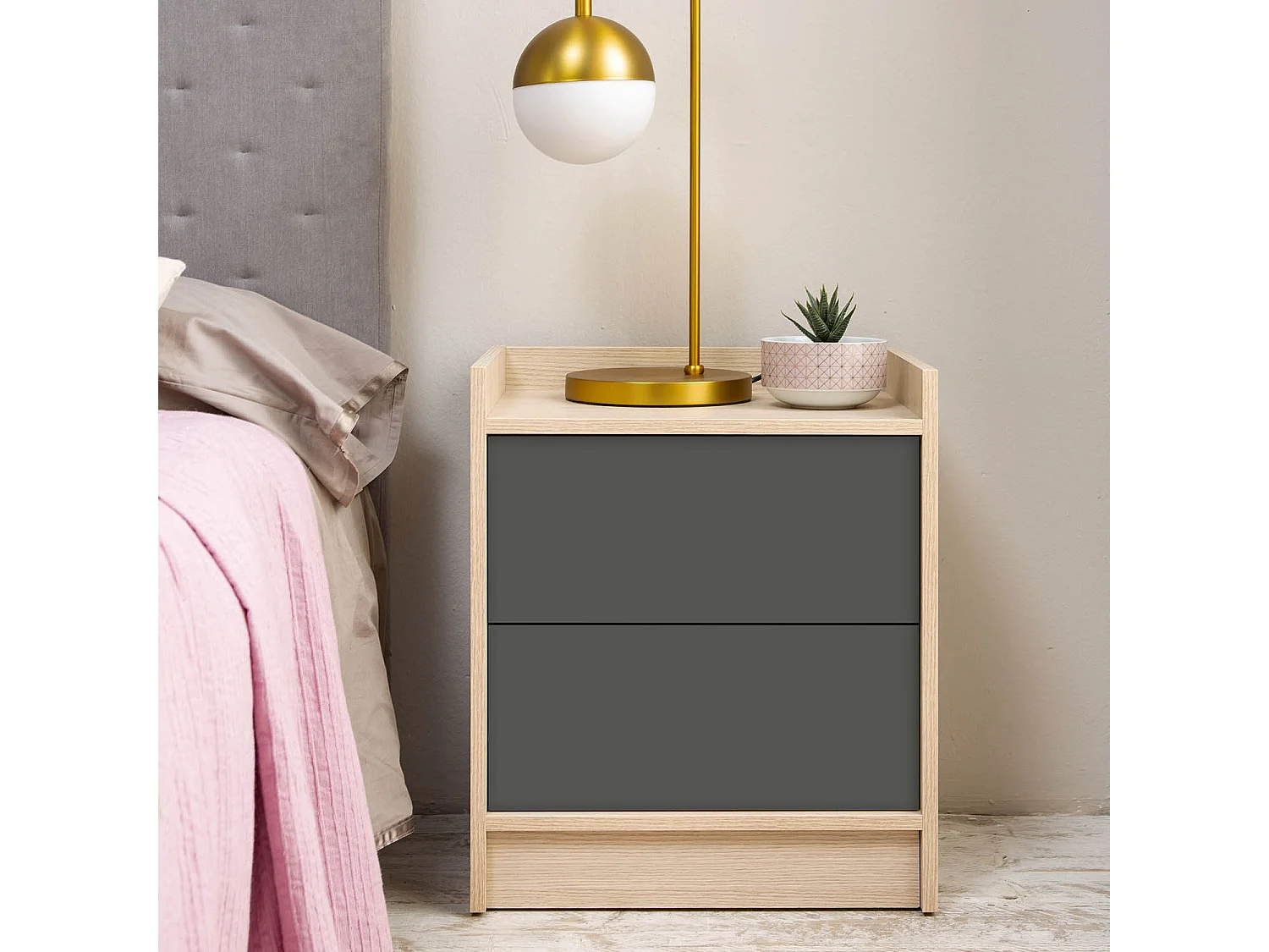 Table de Chevet Moscú de 2 tiroirs, Couleur Chêne/Gris