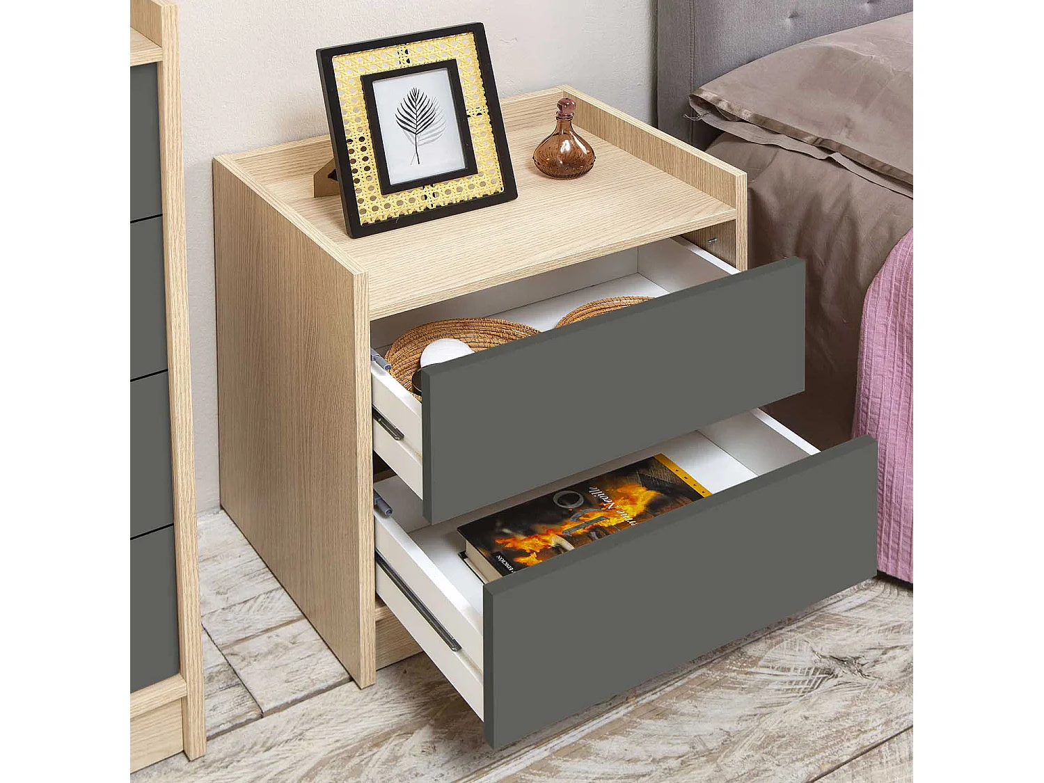 Table de Chevet Moscú de 2 tiroirs, Couleur Chêne/Gris