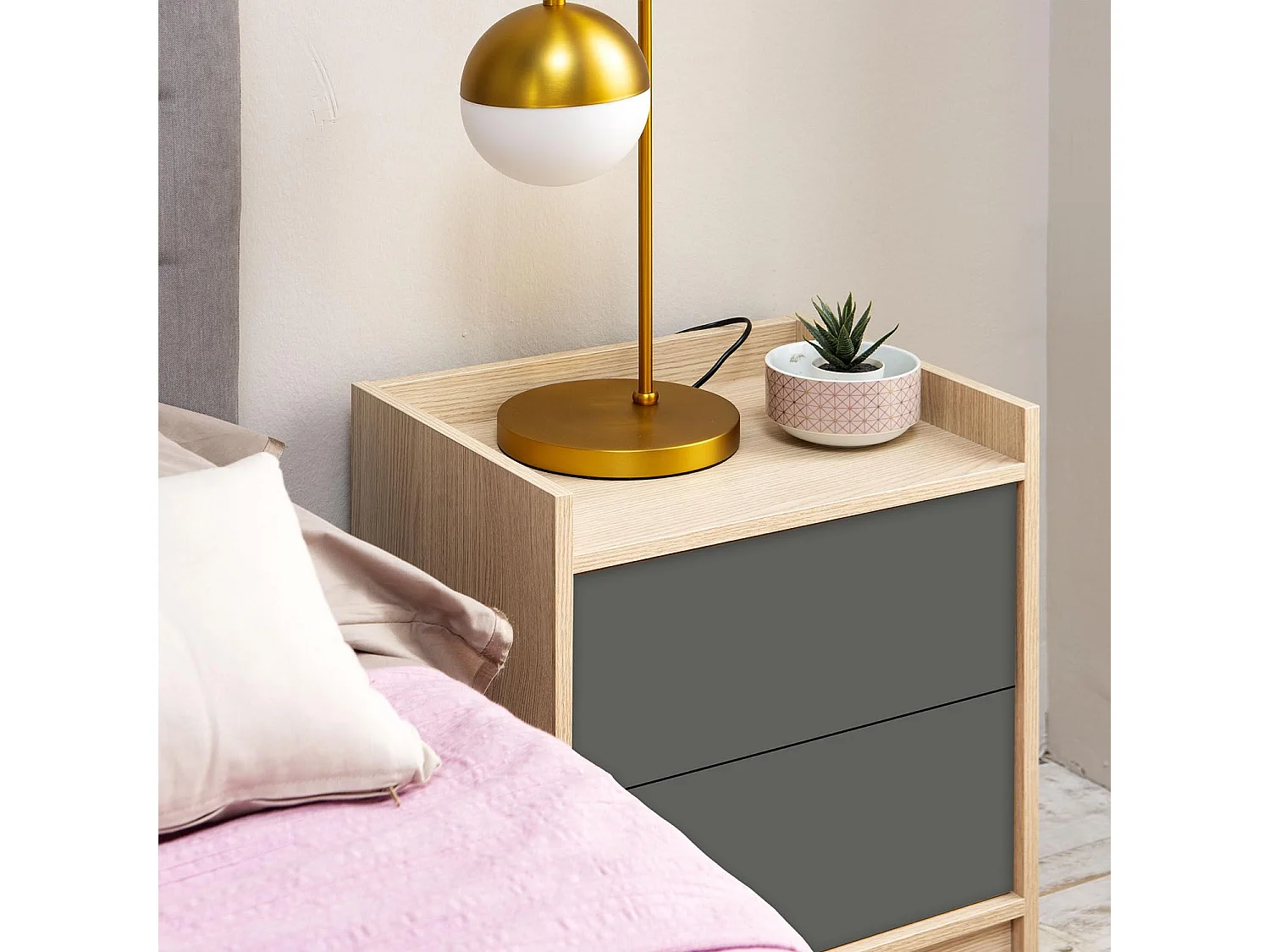 Table de Chevet Moscú de 2 tiroirs, Couleur Chêne/Gris