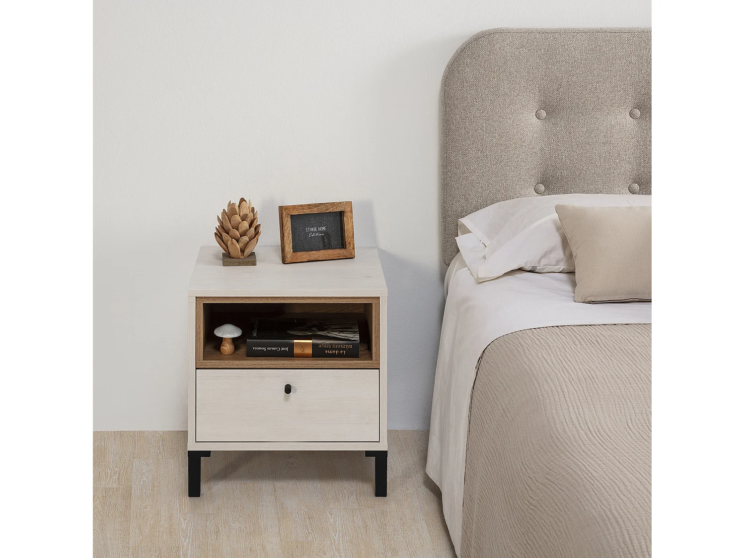Chevet Javea 1 tiroir et 1 Niche, Couleur Blanc et Bois