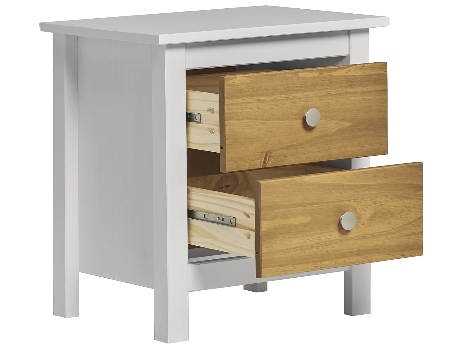 Table Chevet Bonnie Blanc 2 Tiroirs, Fabriqué en Bois de pin Massif