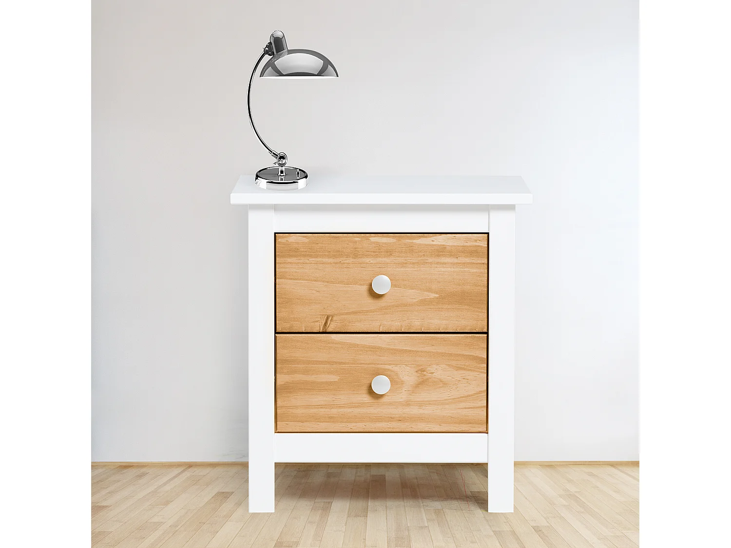 Table Chevet Bonnie Blanc 2 Tiroirs, Fabriqué en Bois de pin Massif