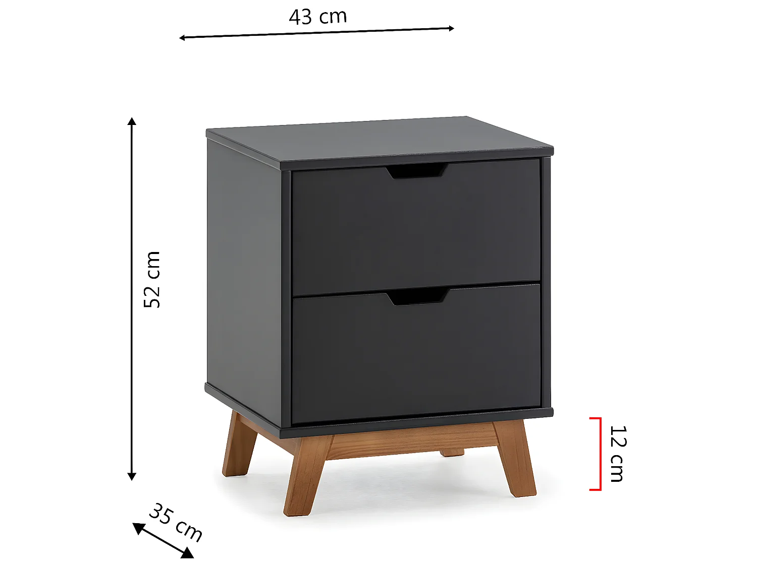 Mesa de cabeceira Miranda de 2 gavetas Antracite, MDF Lacado, Pernas de Madeira