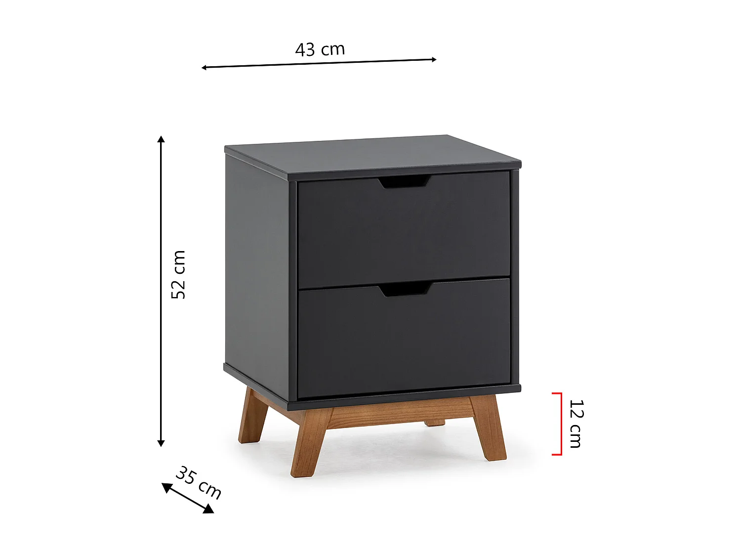 Nachtkastje Miranda met 2 laden Antraciet, Gelakt MDF, Houten poten