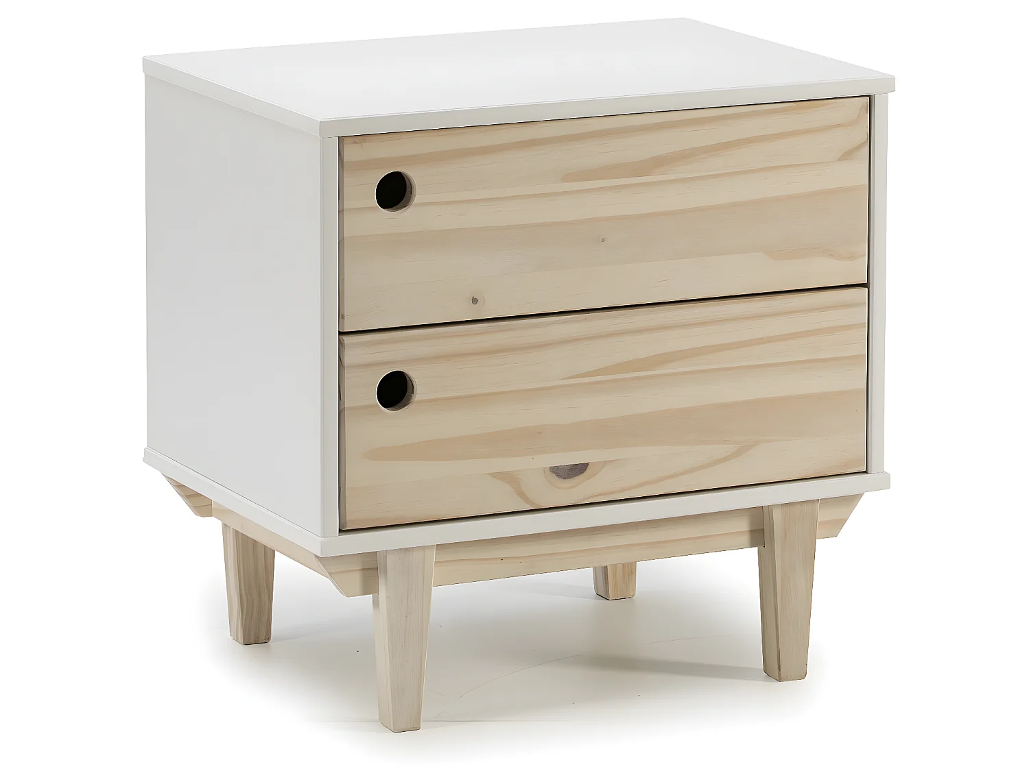 Comodino Roma 2 Cassetti in Bianco, Gambe e Frontali in Legno Naturale