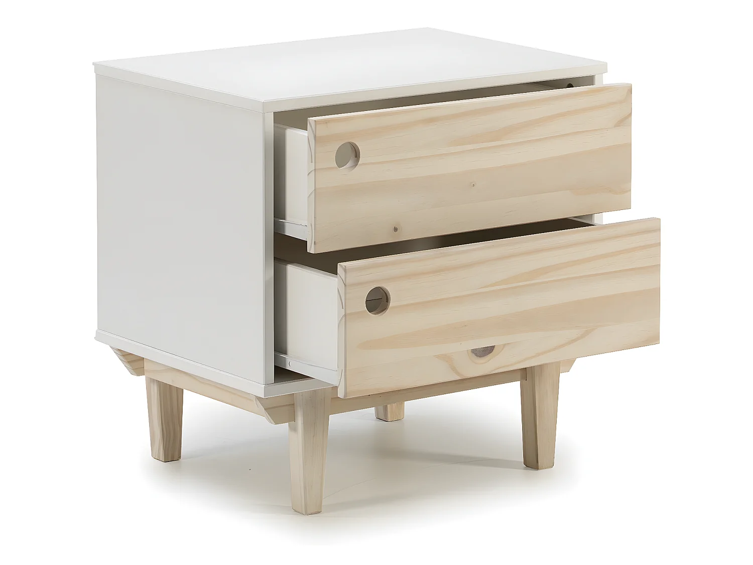 Comodino Roma 2 Cassetti in Bianco, Gambe e Frontali in Legno Naturale