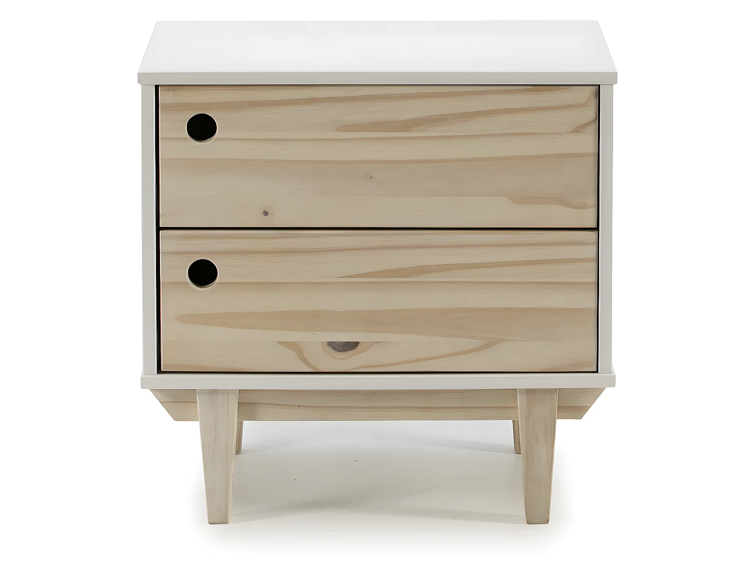 Comodino Roma 2 Cassetti in Bianco, Gambe e Frontali in Legno Naturale