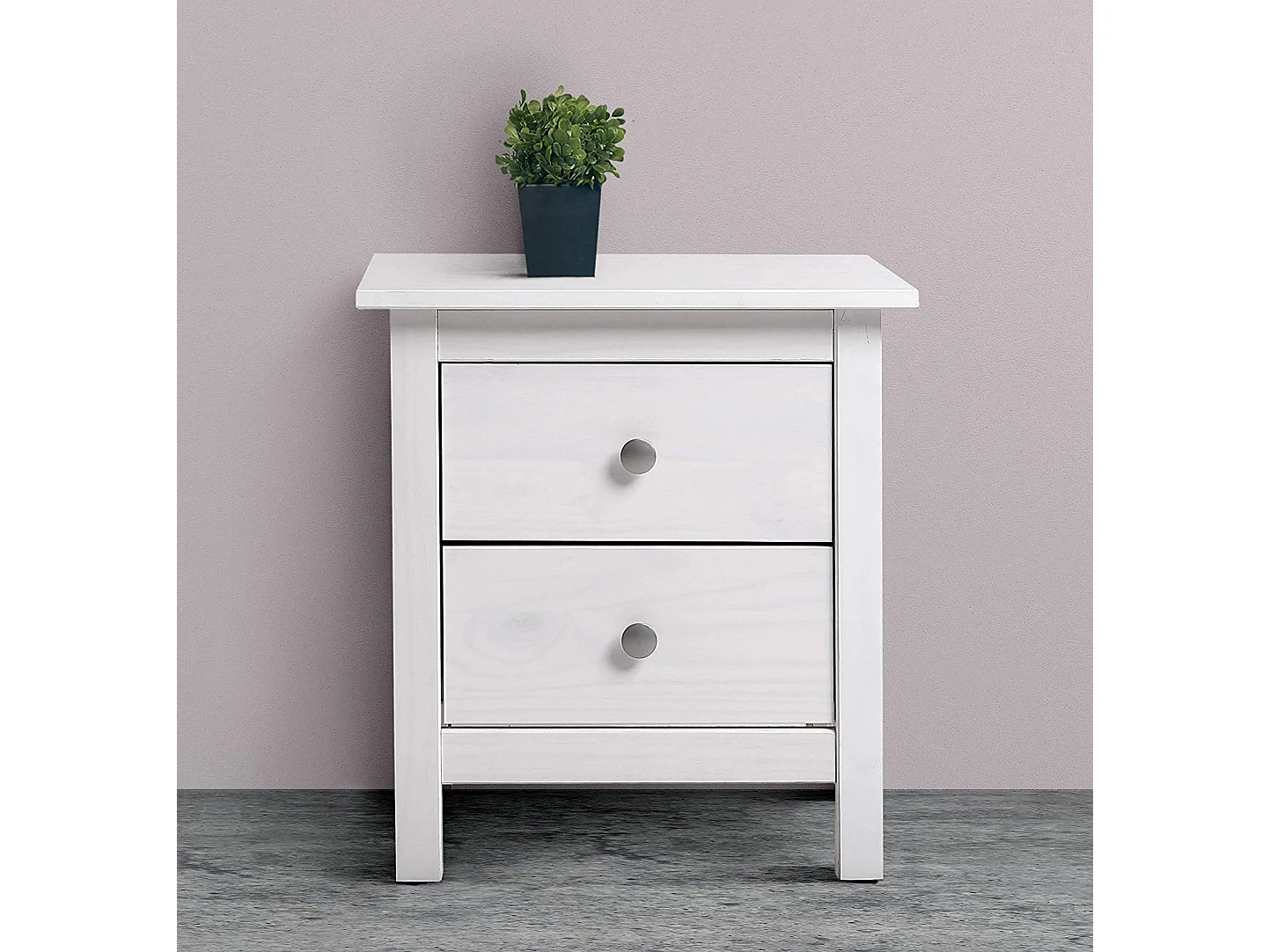 Table Chevet 2 tiroirs Betty Blanc, Fabriqué en Bois de pin Massif