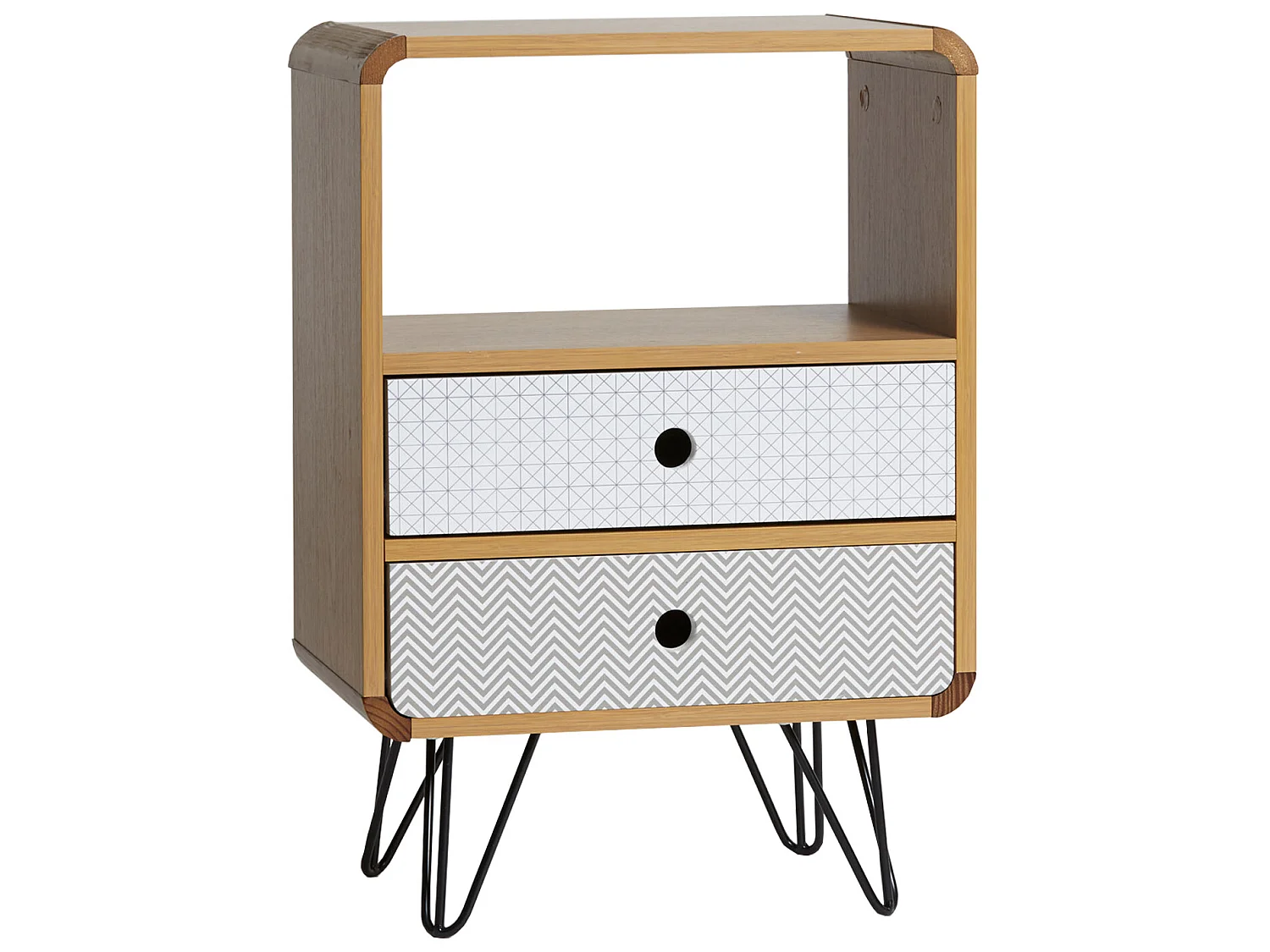 Comodino Buda con 2 cassetti, Coloree Quercia, Gambe Metalliche in Nero