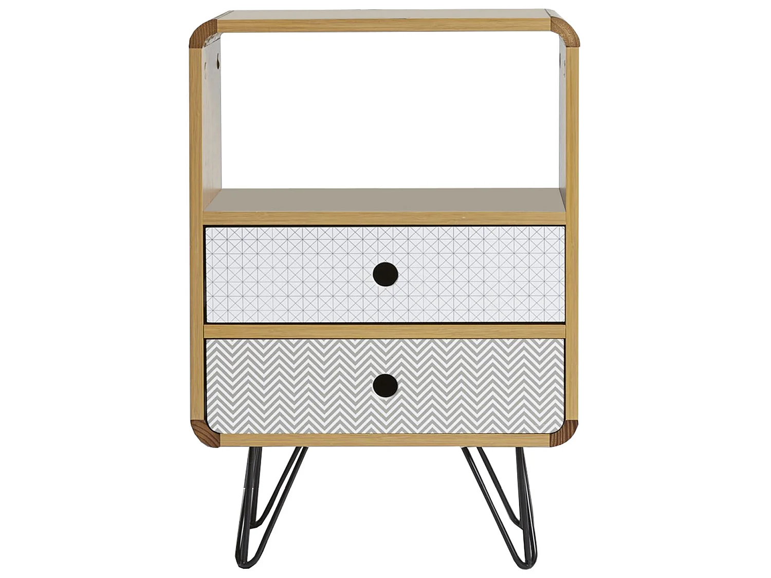 Comodino Buda con 2 cassetti, Coloree Quercia, Gambe Metalliche in Nero