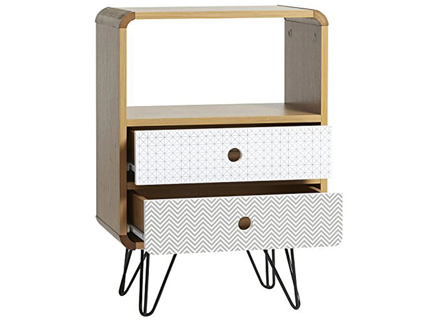 Comodino Buda con 2 cassetti, Coloree Quercia, Gambe Metalliche in Nero