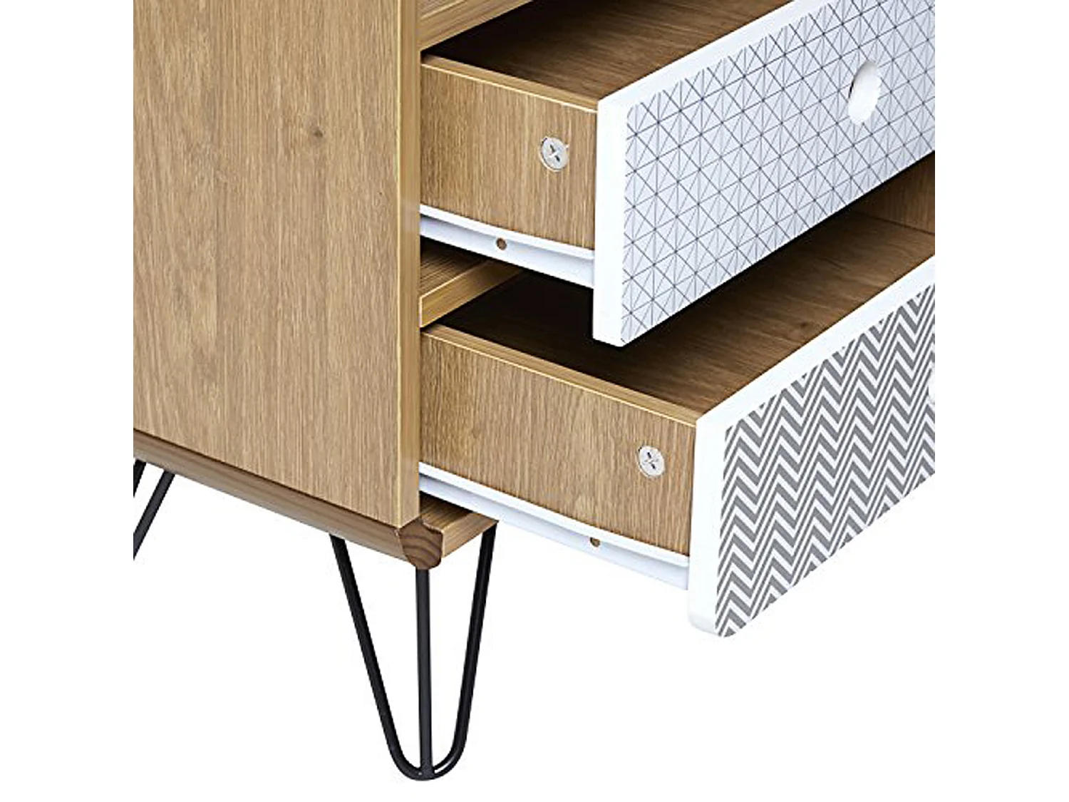 Comodino Buda con 2 cassetti, Coloree Quercia, Gambe Metalliche in Nero