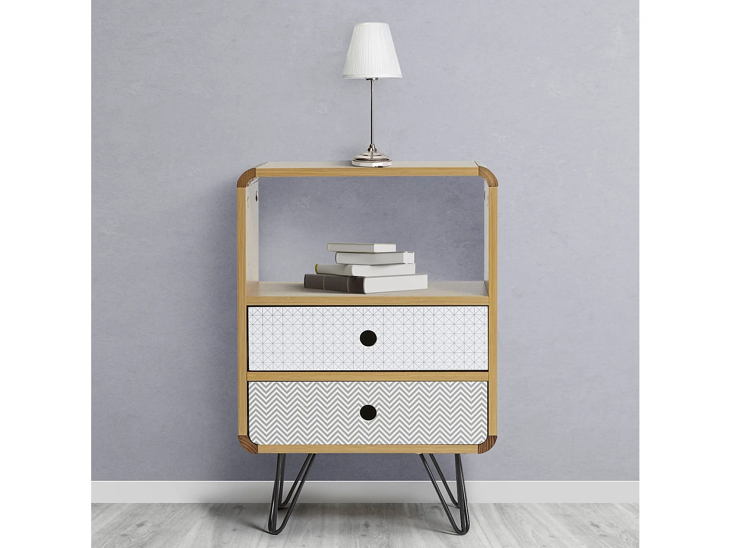 Comodino Buda con 2 cassetti, Coloree Quercia, Gambe Metalliche in Nero